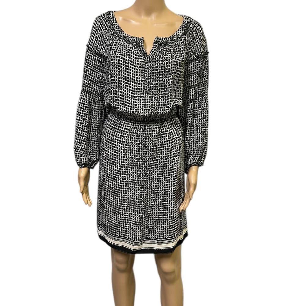 MSSP Black Cream Rayon Blouson Long Sleeve Elastic Waist Dress Womens Medium